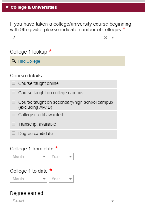 common app colleges and universities section