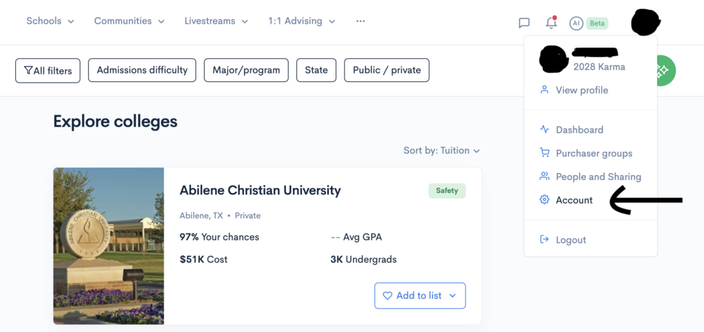 Screenshot of the CollegeVine school hub with the mouse hovering over the profile picture in the top righthand corner and an arrow pointing to the "account" option